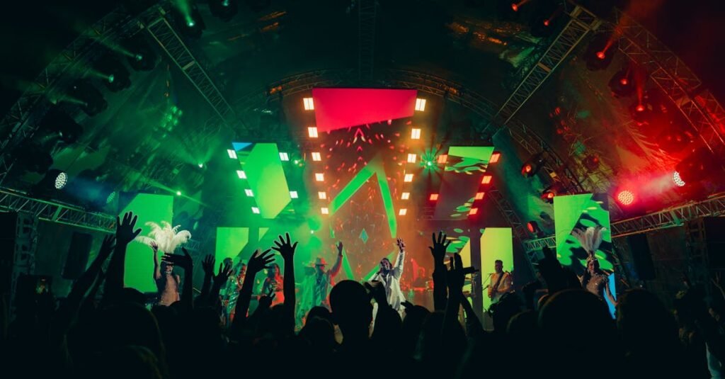 Exciting live concert with vibrant lights and an enthusiastic crowd in the Dominican Republic.